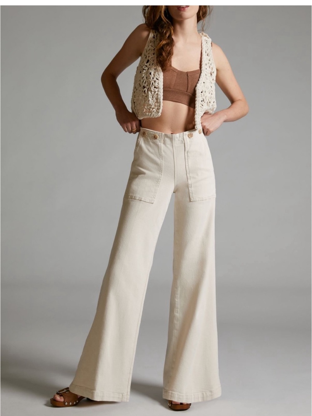Pilcro The Kit High-Rise Wide-Leg Utility Trousers in Cream